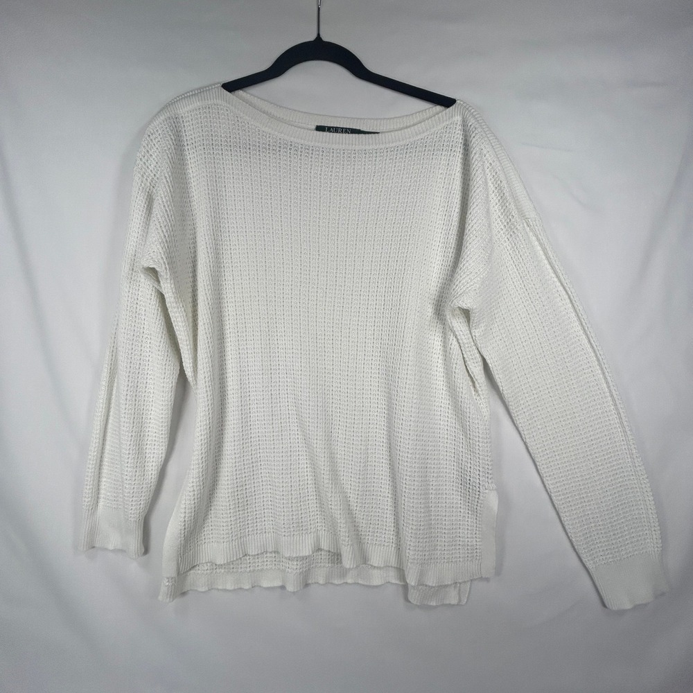 Lauren Ralph Lauren White Waffle Knit Cotton Sweater Size XL